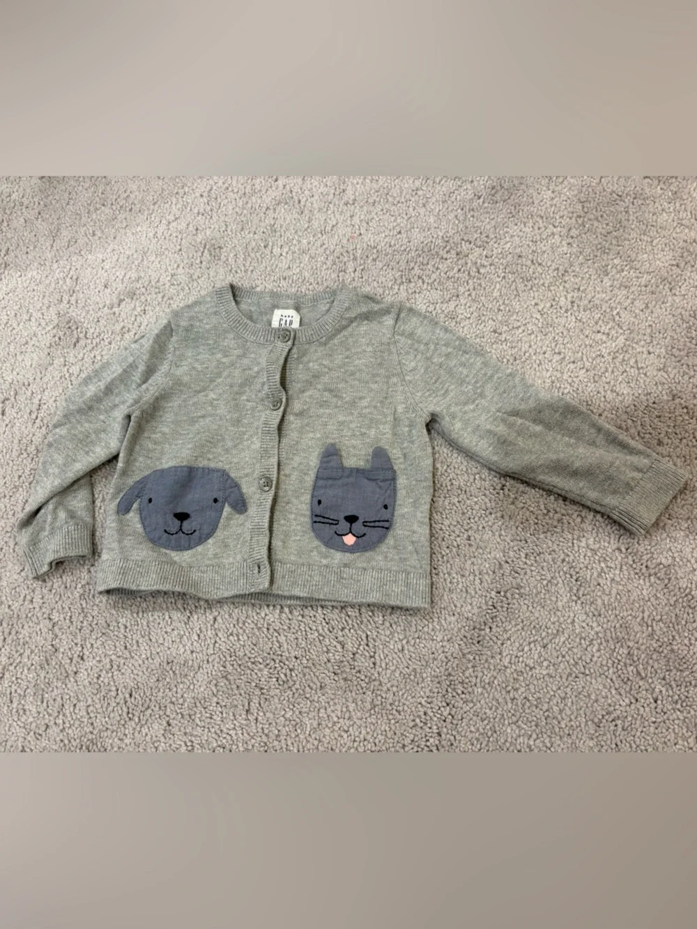 GAP Gray Knit Cardigan with Cute Animal Pocket Appliqués 6-12 mo